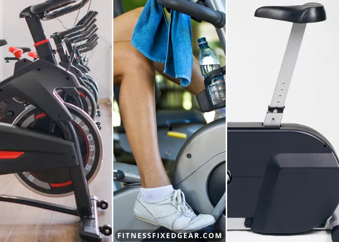 Collage of spin, recumbent and upright exercise bikes